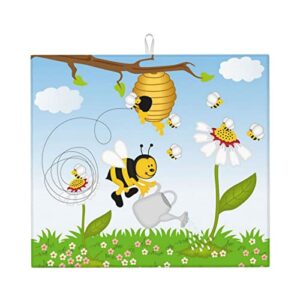 funny cute bees printed drying mat for kitchen ultra absorbent microfiber dishes drainer mats non-slip silicone quick dry pad - 18 x 16inch