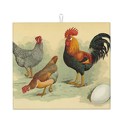 Italian Chickens Printed Drying Mat For Kitchen Ultra Absorbent Microfiber Dishes Drainer Mats Non-Slip Silicone Quick Dry Pad - 18 X 16inch