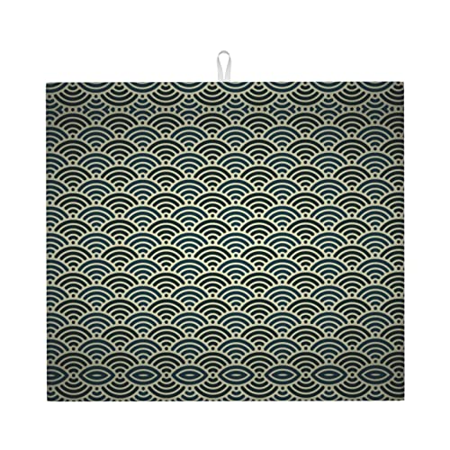 Japanese Pattern Printed Drying Mat For Kitchen Ultra Absorbent Microfiber Dishes Drainer Mats Non-Slip Silicone Quick Dry Pad - 18 X 16inch