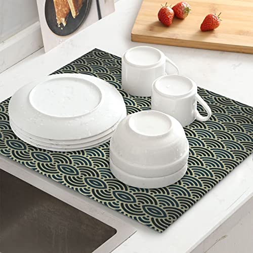Japanese Pattern Printed Drying Mat For Kitchen Ultra Absorbent Microfiber Dishes Drainer Mats Non-Slip Silicone Quick Dry Pad - 18 X 16inch