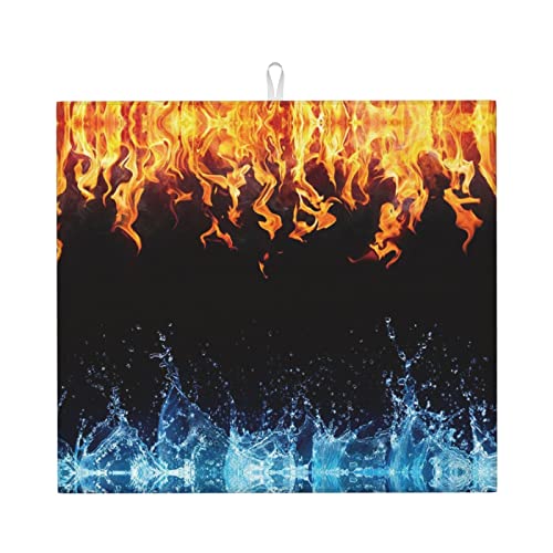 Ice Fire Printed Drying Mat For Kitchen Ultra Absorbent Microfiber Dishes Drainer Mats Non-Slip Silicone Quick Dry Pad - 18 X 16inch