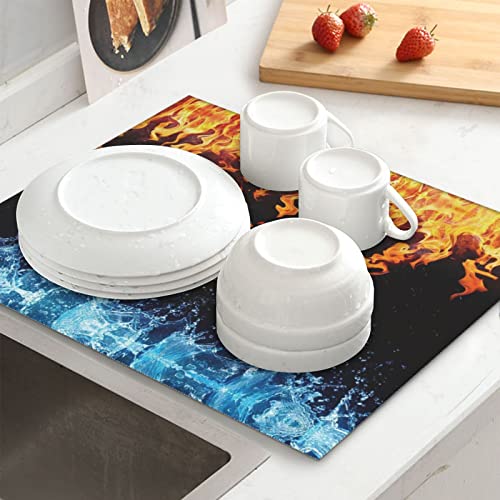 Ice Fire Printed Drying Mat For Kitchen Ultra Absorbent Microfiber Dishes Drainer Mats Non-Slip Silicone Quick Dry Pad - 18 X 16inch