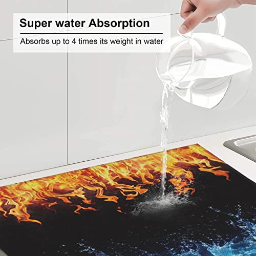 Ice Fire Printed Drying Mat For Kitchen Ultra Absorbent Microfiber Dishes Drainer Mats Non-Slip Silicone Quick Dry Pad - 18 X 16inch