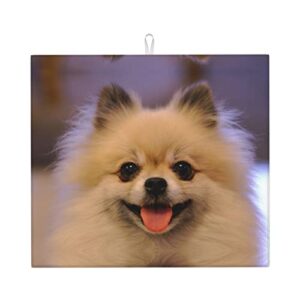 happy short-haired pomeranian printed drying mat for kitchen ultra absorbent microfiber dishes drainer mats non-slip silicone quick dry pad - 18 x 16inch