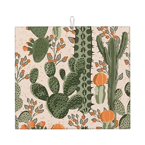 Green Cactus Printed Drying Mat For Kitchen Ultra Absorbent Microfiber Dishes Drainer Mats Non-Slip Silicone Quick Dry Pad - 18 X 16inch