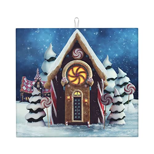 Lollipops Christmas Trees Cottage Printed Drying Mat For Kitchen Ultra Absorbent Microfiber Dishes Drainer Mats Non-Slip Silicone Quick Dry Pad - 18 X 16inch