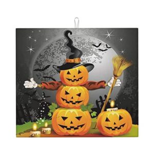 halloween pumpkins printed drying mat for kitchen ultra absorbent microfiber dishes drainer mats non-slip silicone quick dry pad - 18 x 16inch