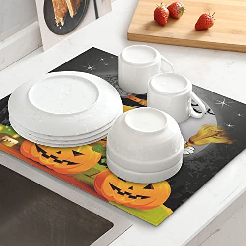 Halloween Pumpkins Printed Drying Mat For Kitchen Ultra Absorbent Microfiber Dishes Drainer Mats Non-Slip Silicone Quick Dry Pad - 18 X 16inch