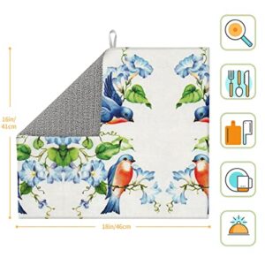 Happy Bluebirds Printed Drying Mat For Kitchen Ultra Absorbent Microfiber Dishes Drainer Mats Non-Slip Silicone Quick Dry Pad - 18 X 16inch