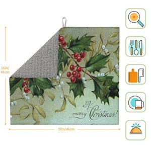 Happy New Year Xmas Tree Bell Printed Drying Mat For Kitchen Ultra Absorbent Microfiber Dishes Drainer Mats Non-Slip Silicone Quick Dry Pad - 18 X 16inch