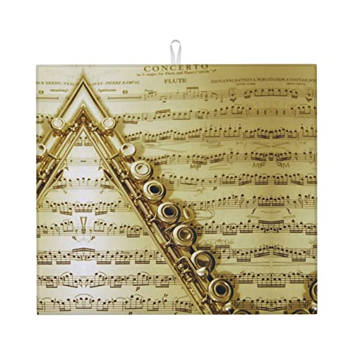 Flute Music Printed Drying Mat For Kitchen Ultra Absorbent Microfiber Dishes Drainer Mats Non-Slip Silicone Quick Dry Pad - 18 X 16inch