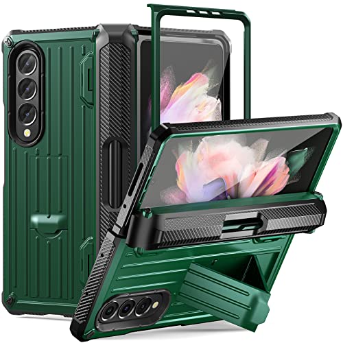 GooodiDEAR Galaxy Z Fold 3 Case, Heavy-Duty, Full Body Protection, Anti-Scratch, Slim - Foldable Trolley Case Built-in Pen Slot, Kickstand & Screen Protector - TPU/PC, Wireless Charging, Army Green