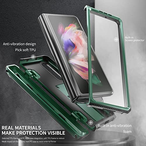 GooodiDEAR Galaxy Z Fold 3 Case, Heavy-Duty, Full Body Protection, Anti-Scratch, Slim - Foldable Trolley Case Built-in Pen Slot, Kickstand & Screen Protector - TPU/PC, Wireless Charging, Army Green