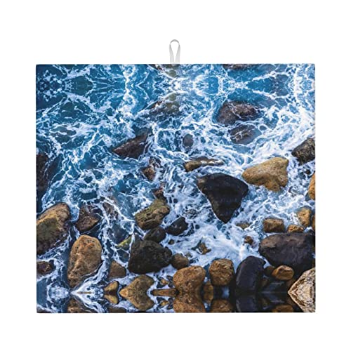 Sea Stones Printed Drying Mat For Kitchen Ultra Absorbent Microfiber Dishes Drainer Mats Non-Slip Silicone Quick Dry Pad - 18 X 16inch