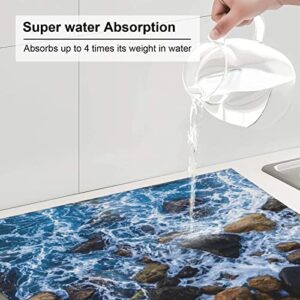 Sea Stones Printed Drying Mat For Kitchen Ultra Absorbent Microfiber Dishes Drainer Mats Non-Slip Silicone Quick Dry Pad - 18 X 16inch