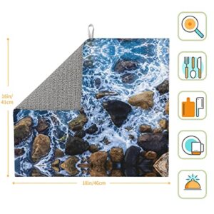 Sea Stones Printed Drying Mat For Kitchen Ultra Absorbent Microfiber Dishes Drainer Mats Non-Slip Silicone Quick Dry Pad - 18 X 16inch