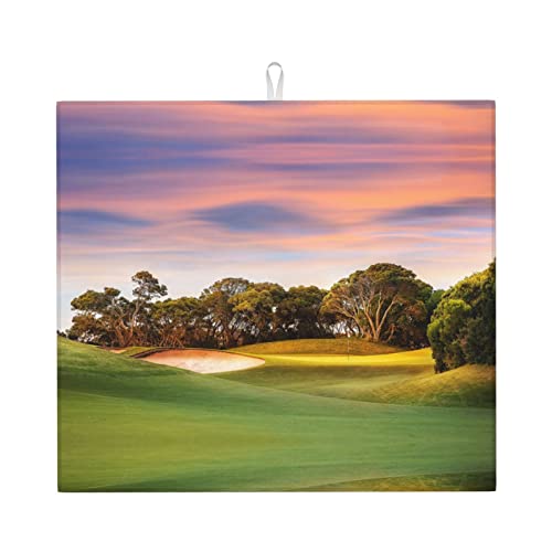 Golf Course Printed Drying Mat For Kitchen Ultra Absorbent Microfiber Dishes Drainer Mats Non-Slip Silicone Quick Dry Pad - 18 X 16inch