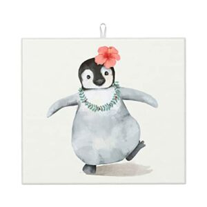 penguin wearing flowers printed drying mat for kitchen ultra absorbent microfiber dishes drainer mats non-slip silicone quick dry pad - 18 x 16inch