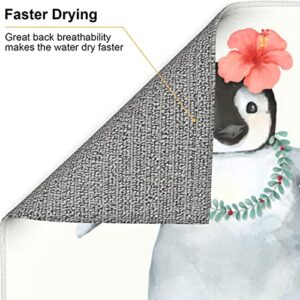 Penguin Wearing Flowers Printed Drying Mat For Kitchen Ultra Absorbent Microfiber Dishes Drainer Mats Non-Slip Silicone Quick Dry Pad - 18 X 16inch