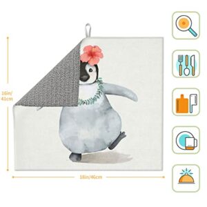 Penguin Wearing Flowers Printed Drying Mat For Kitchen Ultra Absorbent Microfiber Dishes Drainer Mats Non-Slip Silicone Quick Dry Pad - 18 X 16inch