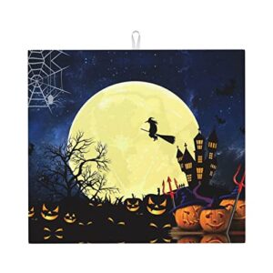 halloween moon horrible pumpkin printed drying mat for kitchen ultra absorbent microfiber dishes drainer mats non-slip silicone quick dry pad - 18 x 16inch