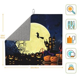 Halloween Moon Horrible Pumpkin Printed Drying Mat For Kitchen Ultra Absorbent Microfiber Dishes Drainer Mats Non-Slip Silicone Quick Dry Pad - 18 X 16inch
