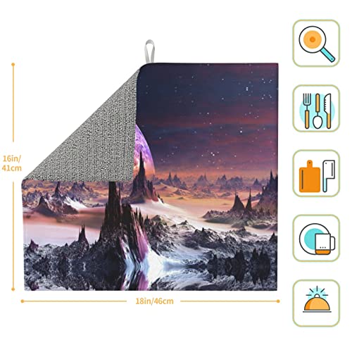 Galaxy Stars Hills Printed Drying Mat For Kitchen Ultra Absorbent Microfiber Dishes Drainer Mats Non-Slip Silicone Quick Dry Pad - 18 X 16inch