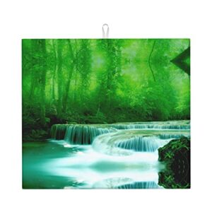 green trees small waterfalls printed drying mat for kitchen ultra absorbent microfiber dishes drainer mats non-slip silicone quick dry pad - 18 x 16inch