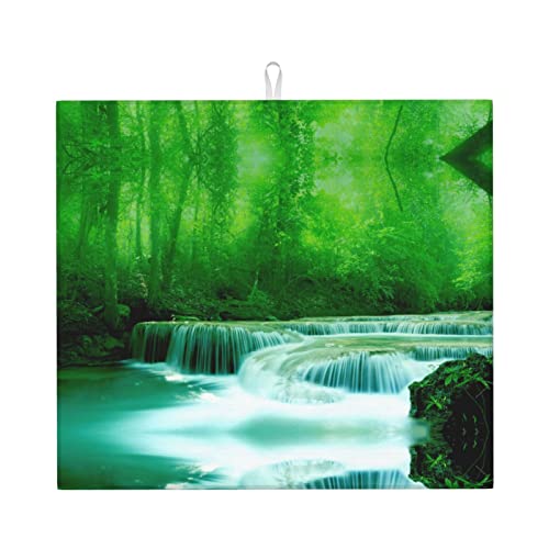 Green Trees Small Waterfalls Printed Drying Mat For Kitchen Ultra Absorbent Microfiber Dishes Drainer Mats Non-Slip Silicone Quick Dry Pad - 18 X 16inch