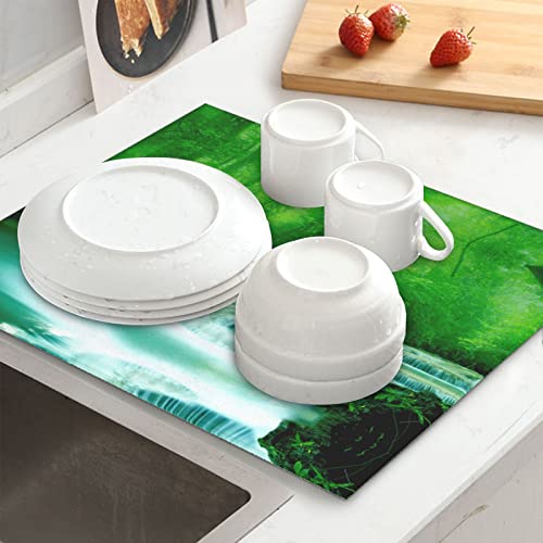 Green Trees Small Waterfalls Printed Drying Mat For Kitchen Ultra Absorbent Microfiber Dishes Drainer Mats Non-Slip Silicone Quick Dry Pad - 18 X 16inch