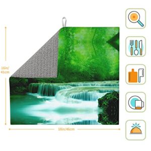 Green Trees Small Waterfalls Printed Drying Mat For Kitchen Ultra Absorbent Microfiber Dishes Drainer Mats Non-Slip Silicone Quick Dry Pad - 18 X 16inch