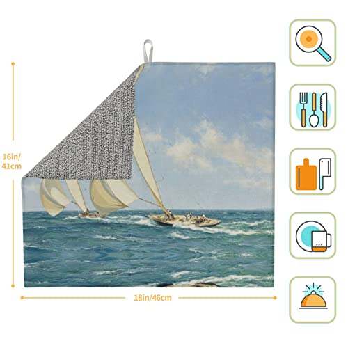 Sailboat Ship Landscape Printed Drying Mat For Kitchen Ultra Absorbent Microfiber Dishes Drainer Mats Non-Slip Silicone Quick Dry Pad - 18 X 16inch