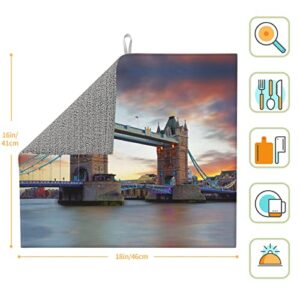 Historic Old Tower Bridge London Printed Drying Mat For Kitchen Ultra Absorbent Microfiber Dishes Drainer Mats Non-Slip Silicone Quick Dry Pad - 18 X 16inch