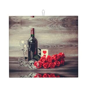 red wine rose printed drying mat for kitchen ultra absorbent microfiber dishes drainer mats non-slip silicone quick dry pad - 18 x 16inch