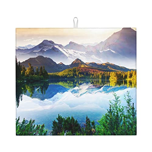 Peaceful Lake Printed Drying Mat For Kitchen Ultra Absorbent Microfiber Dishes Drainer Mats Non-Slip Silicone Quick Dry Pad - 18 X 16inch