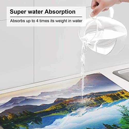 Peaceful Lake Printed Drying Mat For Kitchen Ultra Absorbent Microfiber Dishes Drainer Mats Non-Slip Silicone Quick Dry Pad - 18 X 16inch