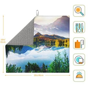 Peaceful Lake Printed Drying Mat For Kitchen Ultra Absorbent Microfiber Dishes Drainer Mats Non-Slip Silicone Quick Dry Pad - 18 X 16inch