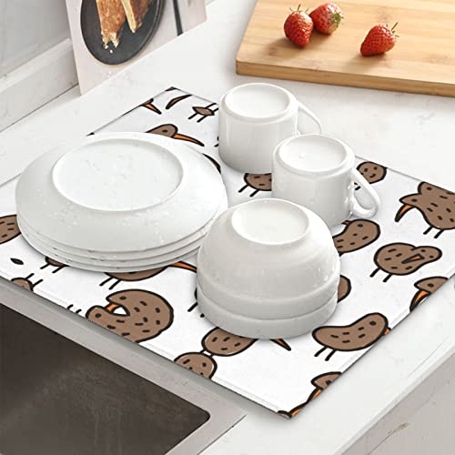 Kiwi Bird Cute Printed Drying Mat For Kitchen Ultra Absorbent Microfiber Dishes Drainer Mats Non-Slip Silicone Quick Dry Pad - 18 X 16inch