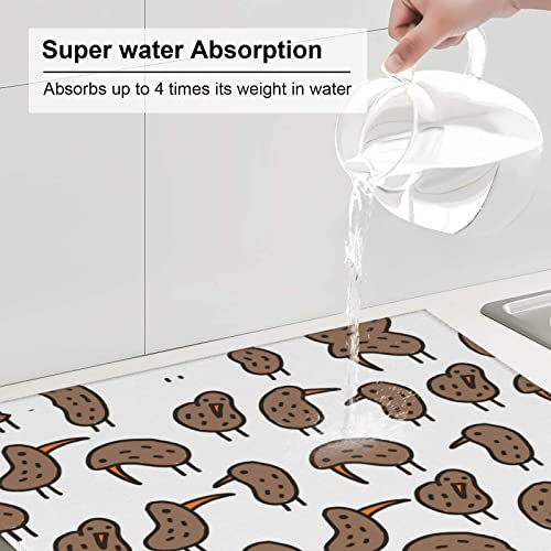 Kiwi Bird Cute Printed Drying Mat For Kitchen Ultra Absorbent Microfiber Dishes Drainer Mats Non-Slip Silicone Quick Dry Pad - 18 X 16inch