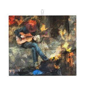musical man playing guitar printed drying mat for kitchen ultra absorbent microfiber dishes drainer mats non-slip silicone quick dry pad - 18 x 16inch