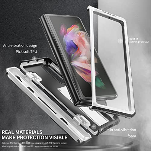 GooodiDEAR Galaxy Z Fold 3 Case, Heavy-Duty, Full Body Protection, Anti-Scratch, Slim - Foldable Trolley Case with Built-in Pen Slot, Kickstand & Screen Protector - TPU/PC, Wireless Charging, White