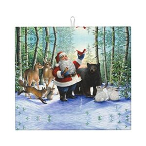 santa claus and animals printed drying mat for kitchen ultra absorbent microfiber dishes drainer mats non-slip silicone quick dry pad - 18 x 16inch