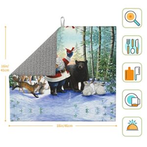 Santa Claus and Animals Printed Drying Mat For Kitchen Ultra Absorbent Microfiber Dishes Drainer Mats Non-Slip Silicone Quick Dry Pad - 18 X 16inch