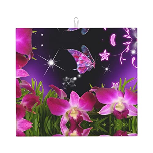 Pink Flower and Butterfly Printed Drying Mat For Kitchen Ultra Absorbent Microfiber Dishes Drainer Mats Non-Slip Silicone Quick Dry Pad - 18 X 16inch