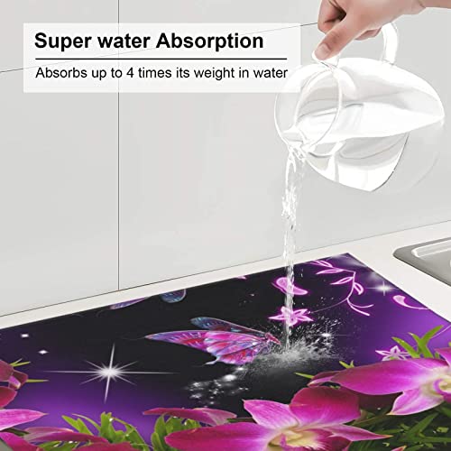 Pink Flower and Butterfly Printed Drying Mat For Kitchen Ultra Absorbent Microfiber Dishes Drainer Mats Non-Slip Silicone Quick Dry Pad - 18 X 16inch