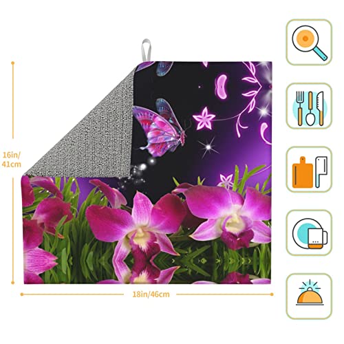 Pink Flower and Butterfly Printed Drying Mat For Kitchen Ultra Absorbent Microfiber Dishes Drainer Mats Non-Slip Silicone Quick Dry Pad - 18 X 16inch