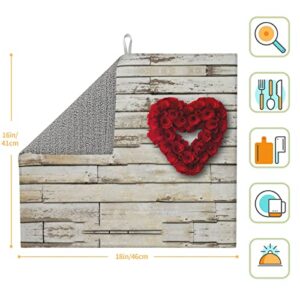 Red Heart-Shaped Roses Printed Drying Mat For Kitchen Ultra Absorbent Microfiber Dishes Drainer Mats Non-Slip Silicone Quick Dry Pad - 18 X 16inch