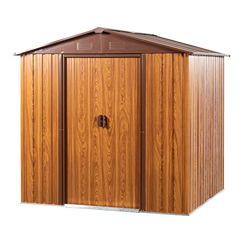 SUNDALY 6 x 6 FT Wood Look Outdoor Storage Shed with Lockable Door, Waterproof Galvanized Steel Garden Tool Storage Shed with Floor Frame for Backyard Patio Lawn