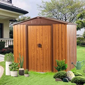 SUNDALY 6 x 6 FT Wood Look Outdoor Storage Shed with Lockable Door, Waterproof Galvanized Steel Garden Tool Storage Shed with Floor Frame for Backyard Patio Lawn