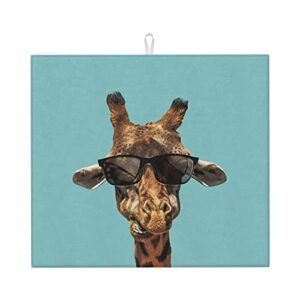 giraffe with sunglasses printed drying mat for kitchen ultra absorbent microfiber dishes drainer mats non-slip silicone quick dry pad - 18 x 16inch